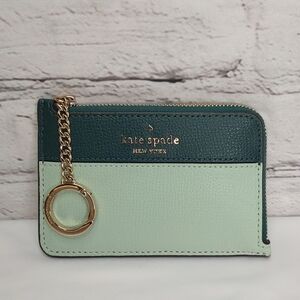 KATE SPADE 'DARCY' L~ZIP COLOR-BLOCK LEATHER CARD CASE CURB LINK KEYCHAIN